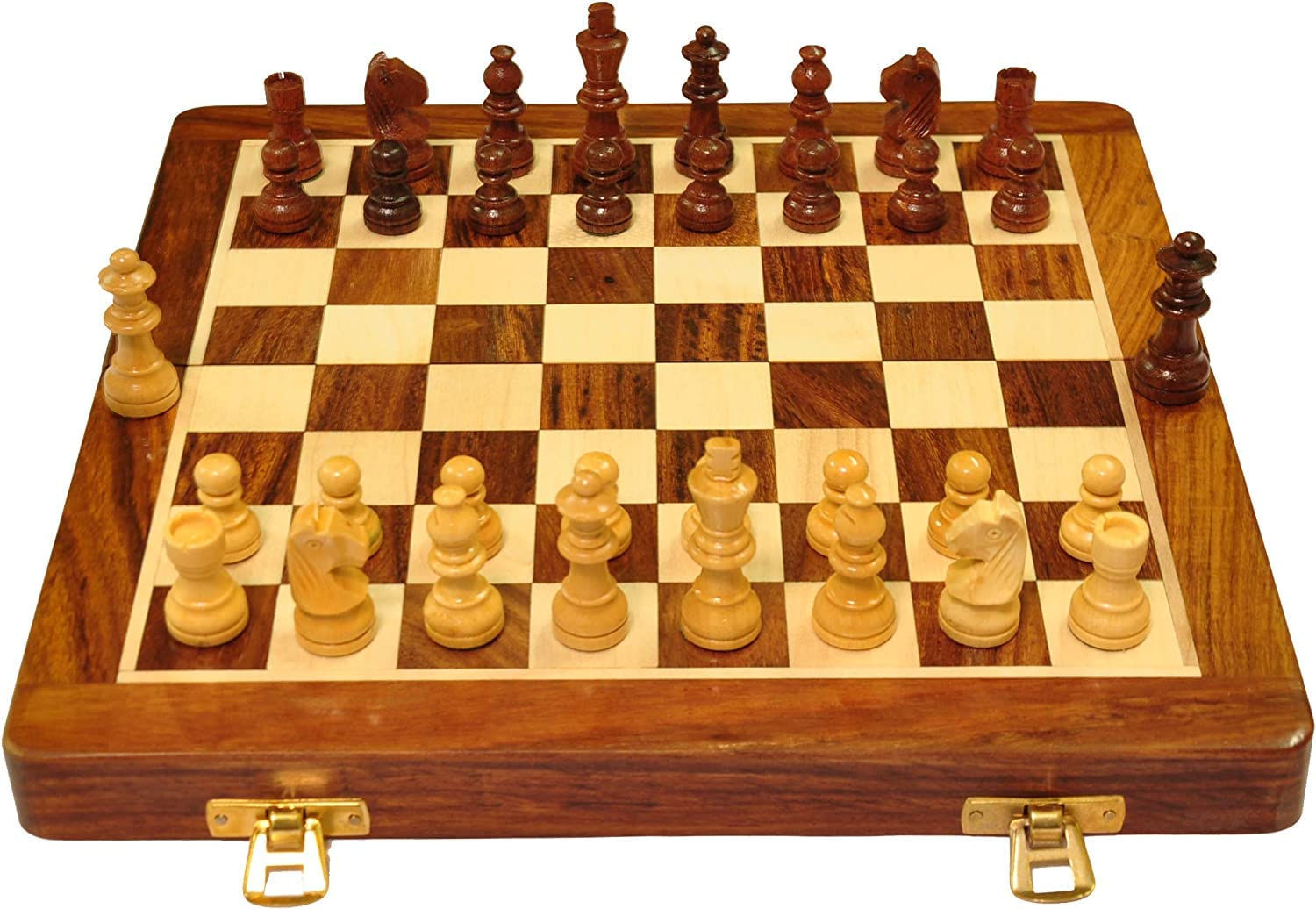 PALM ROYAL HANDICRAFTS 10 Inches Wooden Handmade Foldable Magnetic Chess Board Set with Magnetic Pieces and Extra Queens for 2 Players Kids and Adults (10x10 Inches, Brown)