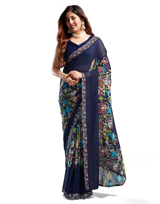 SIRIL Women's Floral Printed Georgette Saree with Unstitched Blouse Piece