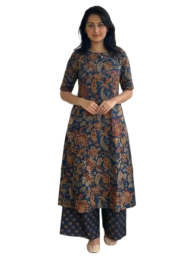 ANNI Designer Women's Rayon Viscose Straight Printed Kurta with Palazzo | Elbow Length Sleeve Kurti Set | Close Neck with Back Slit | Soft Comfortable Fabric | 2 Piece Outfit