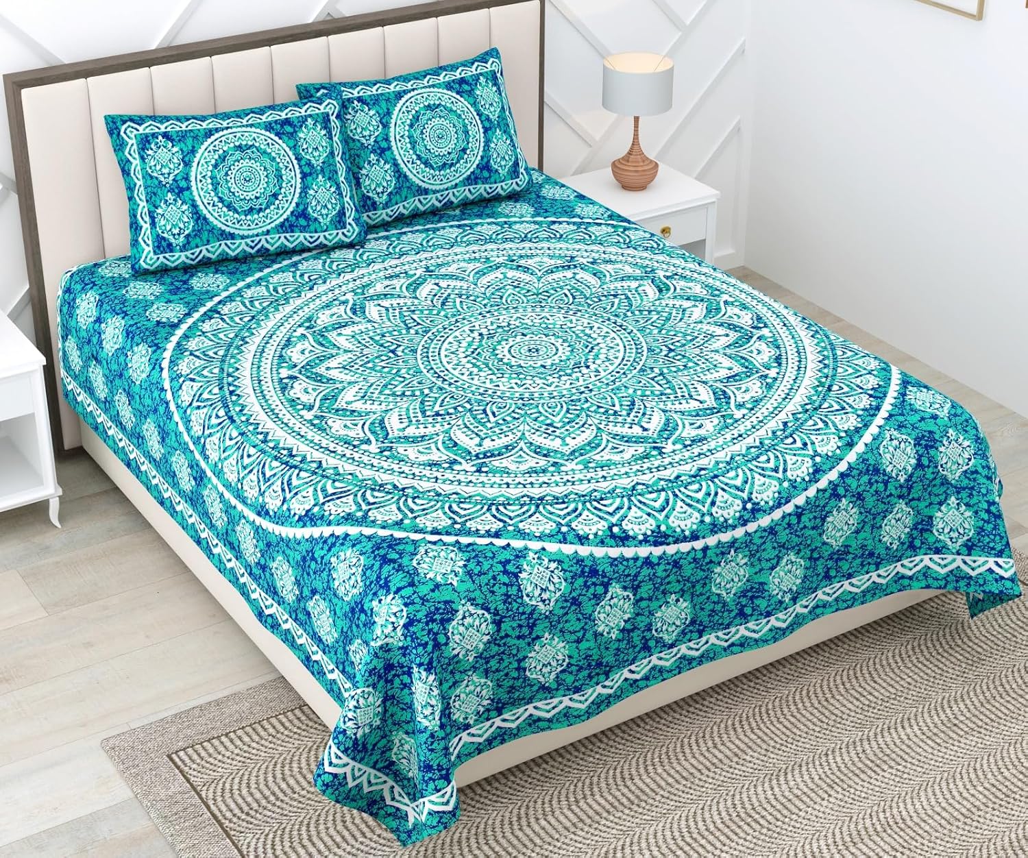RajasthaniKart 144 TC Pure 100% Cotton Double Bed Sheet with 2 Pillow Covers (Bedsheet for Double Bed Cotton, Green Star Jaipuri, King Size,5298)