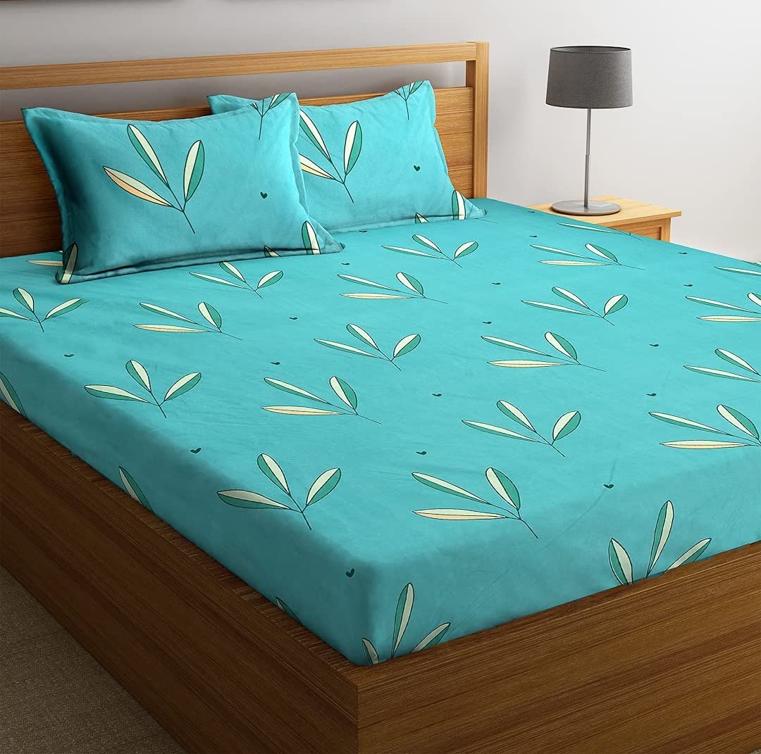 BSB Home Glace Cotton Printed 180 TC Microfiber Double Bedsheet with 2 Pillow Covers (Aqua, Sky Blue, 90X90 Inches)