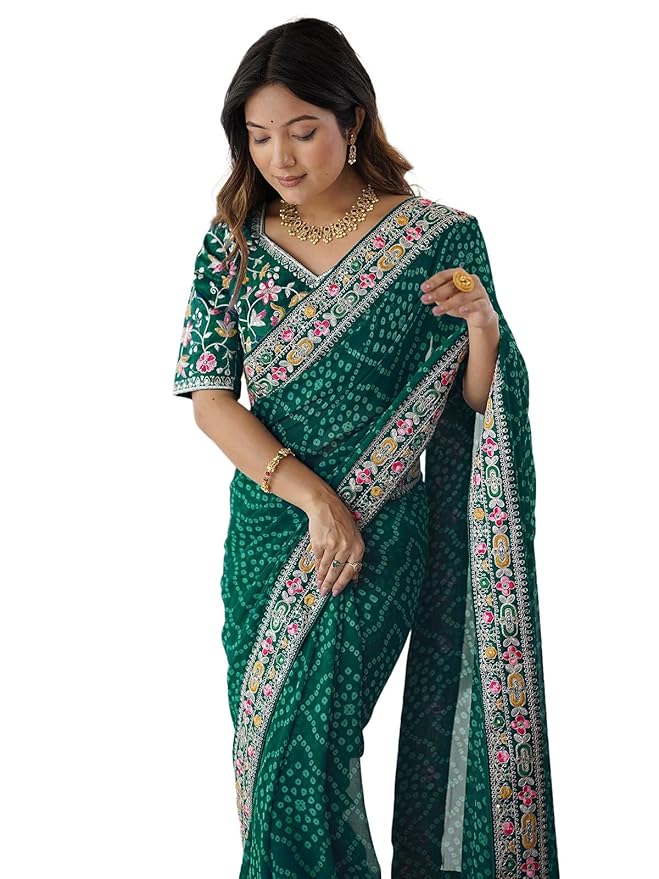 Satrani Women's Georgette Bandhani Printed Sequin Embroidery Saree with Unstitched Blouse Piece