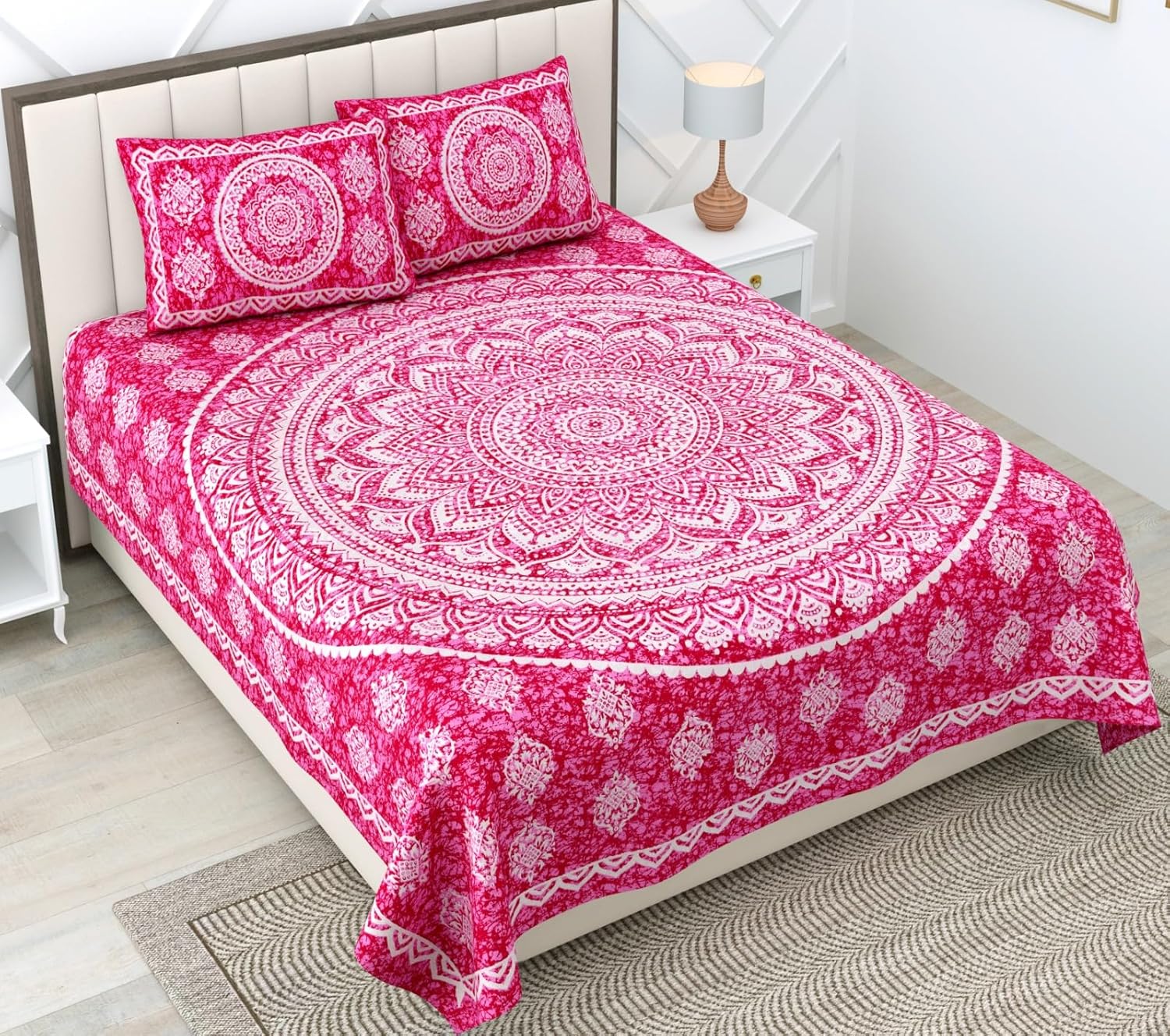 RajasthaniKart 144 TC Pure 100% Cotton Double Bed Sheet with 2 Pillow Covers (Bedsheet for Double Bed Cotton, Pink Star Jaipuri, King Size,5297)