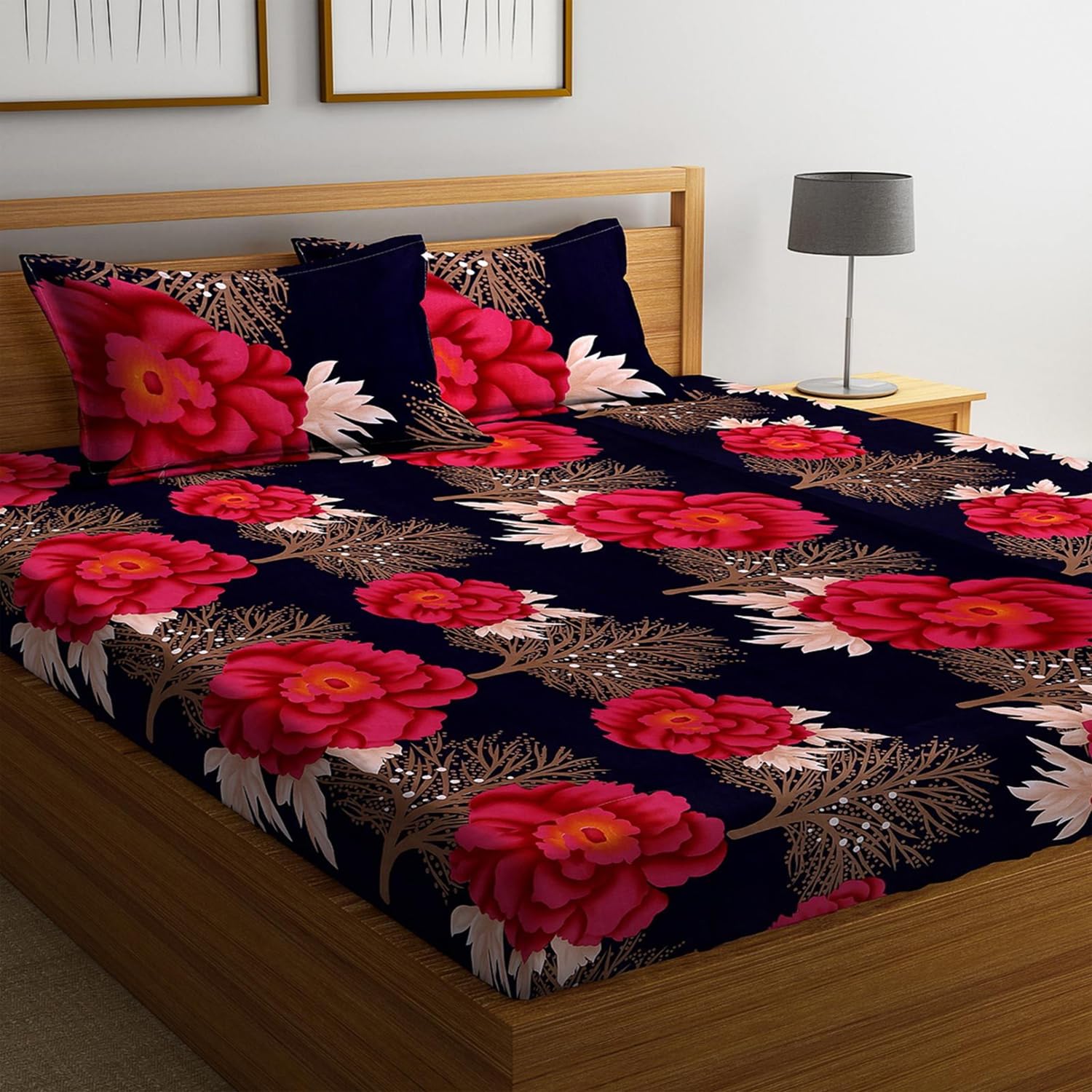 Polycotton 220 TC Floral Printed King Size Double Bedsheet with 2 Pillow Covers, (90 x 90 Inches,) Blue Red