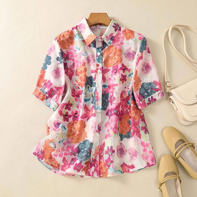Gufrina Women Mustard Multicolor Floral Print Button-Down Shirt with Elbow Sleeves and Collar Neck in Soft Breathable Fabric Ideal for Casual wear and Relaxed Styling