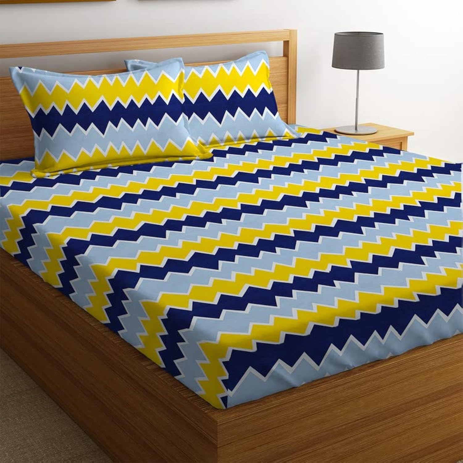 BSB HOME 100% Microfiber bedsheet for Double Bed with 2 Pillow Covers Breathable | Wrinklefree and Softtouch Zig-zag Print Sheet- Yellow & Blue