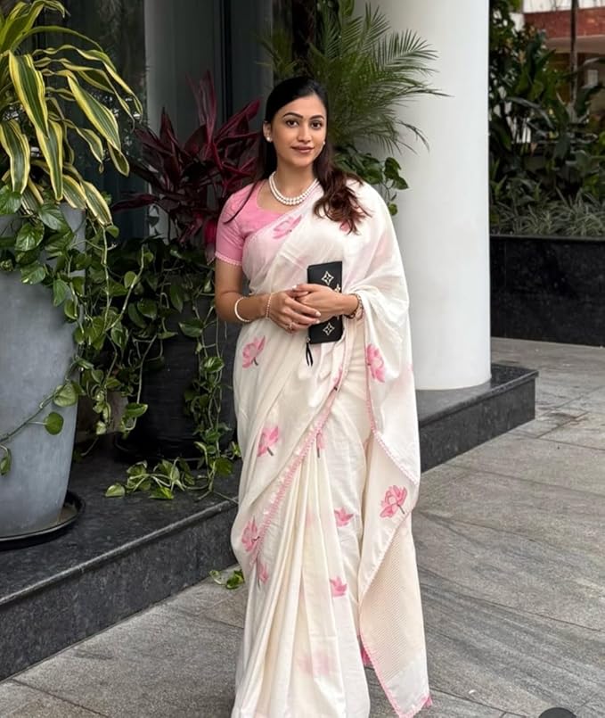MARGI DESIGNERS Womens New Latest Bollywood Style Linen Cotton Floral Printed Fancy Lace Border Saree with Blouse | Saree For Womens
