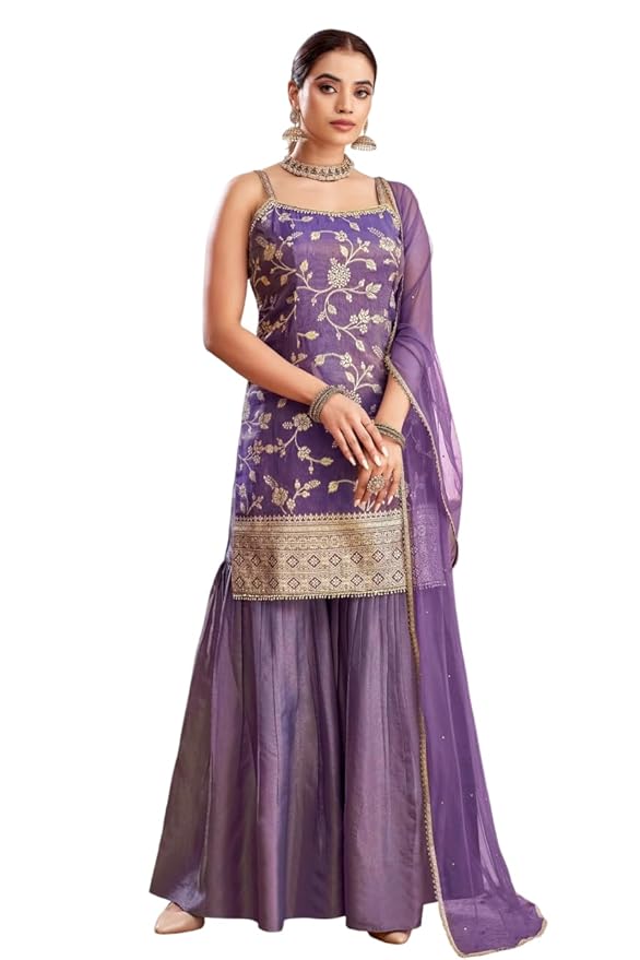 Xomantic Fashion Womens Purple Color Banarasi Silk Kurta Sharara Set
