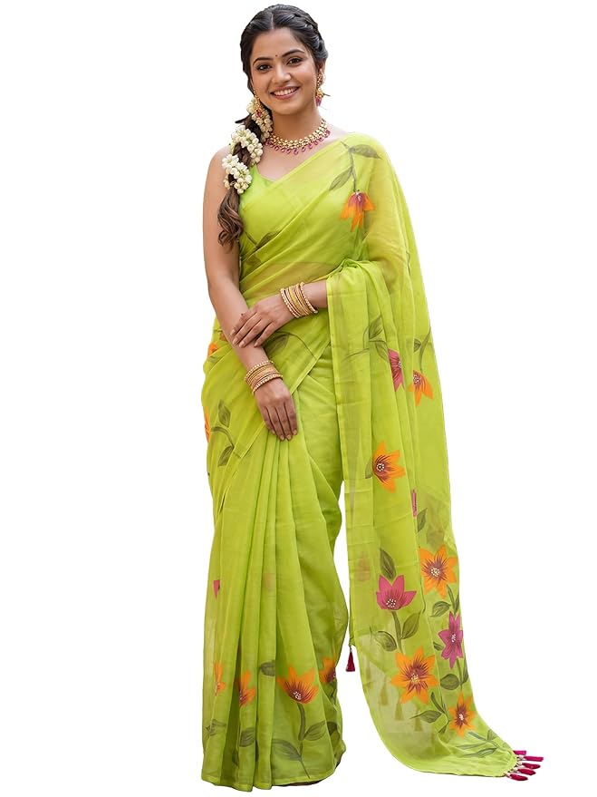 AKHILAM Women's Cotton Saree with White Daisy Floral Prints Tassel Pallu Lightweight Saree