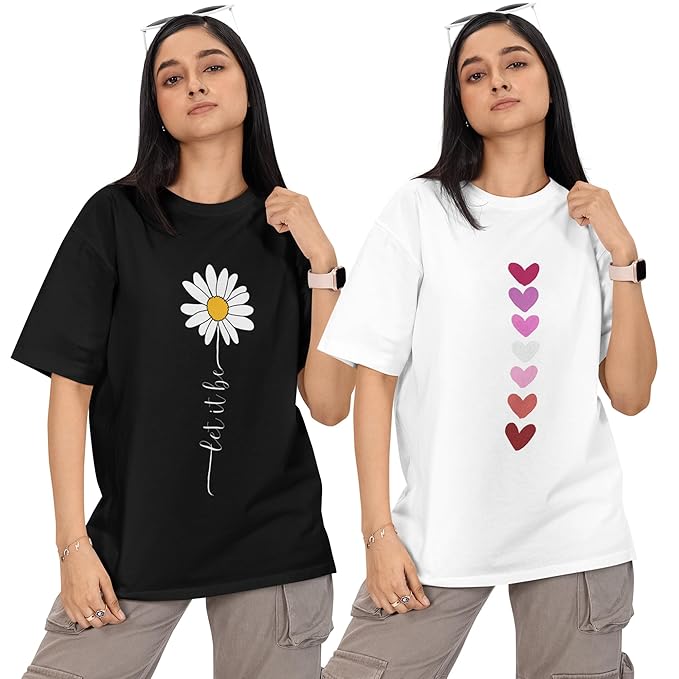 Reifica Women 100% Pure Cotton Drop Shoulder Loose Fit Oversized T Shirts (Combo Pack of 2)