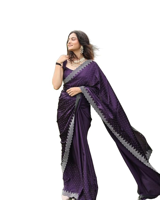 Yashika Women's Hot Fix Satin Moss Saree With Unstitched Blouse Material