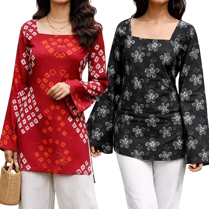 Women’s Printed Kurti Top Combo | Red Ikat Print & Black Floral Print Tops | Square Neck Full Sleeve Casual Wear Tunic for Women (Pack of 2)