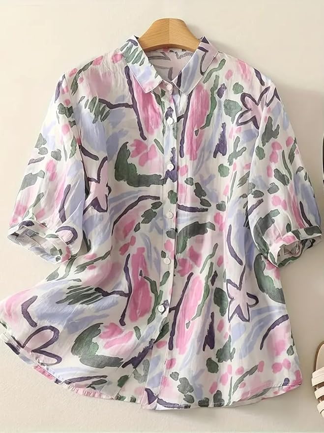 Gufrina Women’s Casual Button-Down Shirt with Multicolor Floral Print & Half Sleeves, Collar Neck