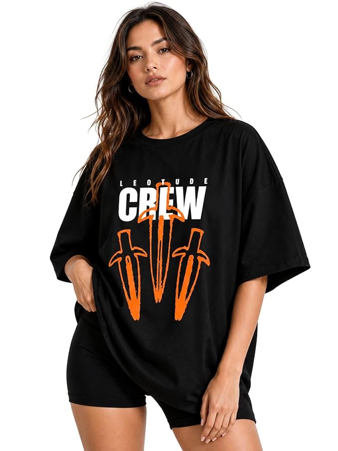 LEOTUDE Women's Oversized Drop Shoulder Half Sleeve Round Neck Loose Baggy Fit Cool Front Teddy Printed T-Shirt for Women/Girls (Color: Black)