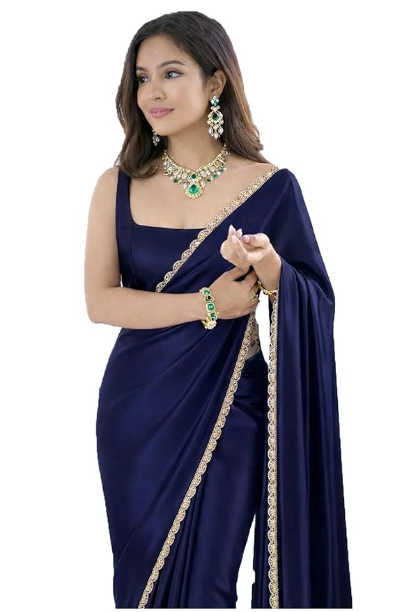 SATAZ Ready To Wear Saree For Women Pre Pleated Satin Silk Readymade With Unstitched Blouse (Navy Blue)