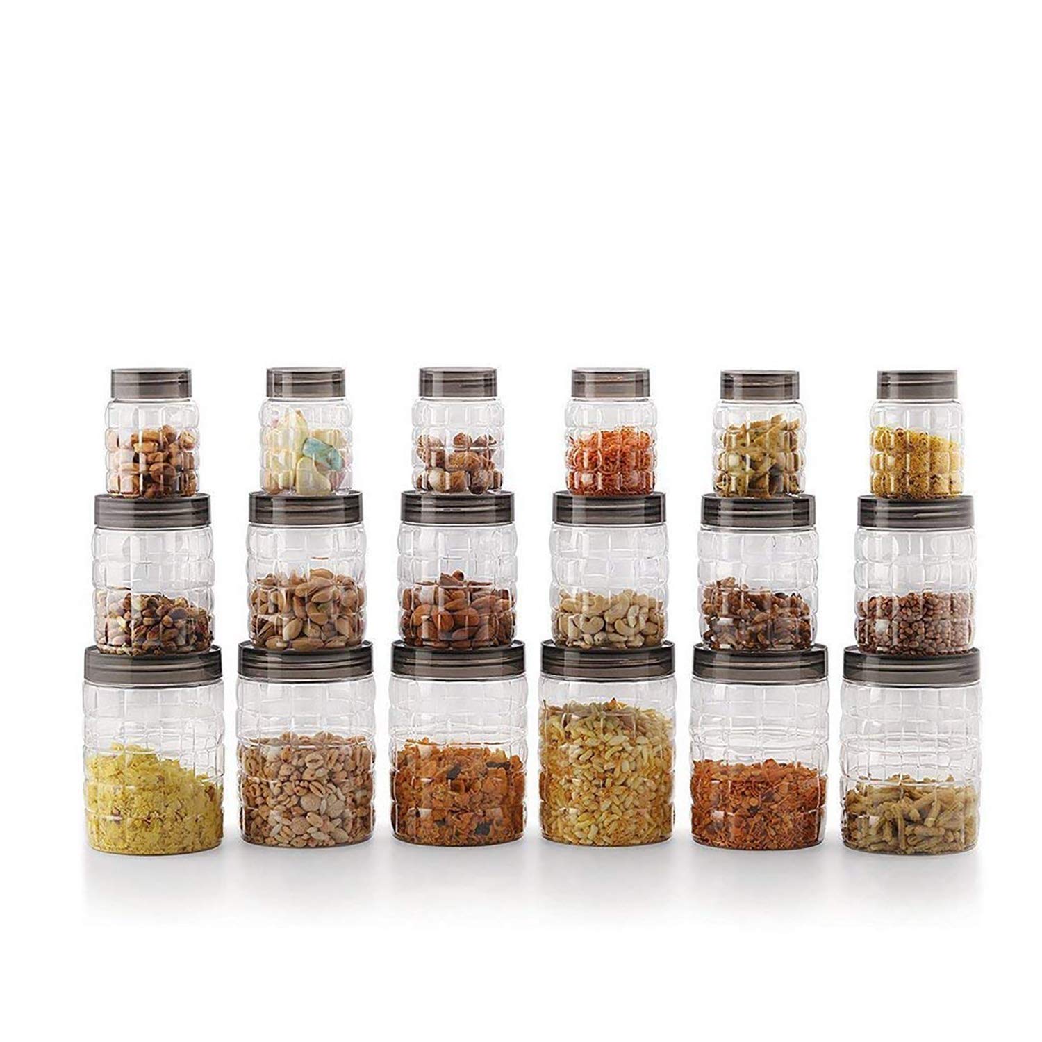 CELLO Checkers Kitchen Storage Container Box Set of 18 Pcs Brown (6x300ml, 6x650ml, 6x1200ml) | Transparent Unbreakable Fridge Safe Stackable Airtight Storage Canister Set For Spices Dry Fruits Grains