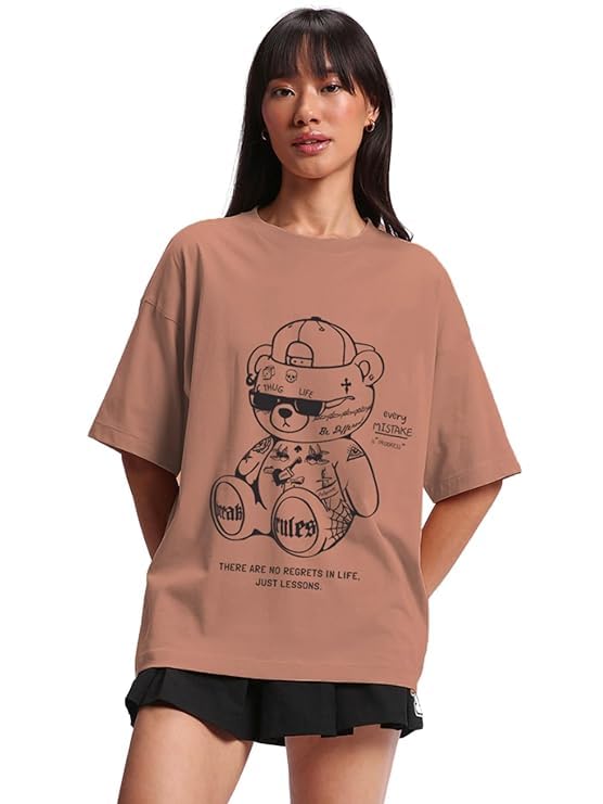 JUNEBERRY® 100% Pure Cotton Oversized Loose Baggy Fit Drop Shoulder Half Sleeve Round Neck Cool Front Teddy Printed Cork & White T-Shirt for Women/Girls (Available in from S to 2XL)