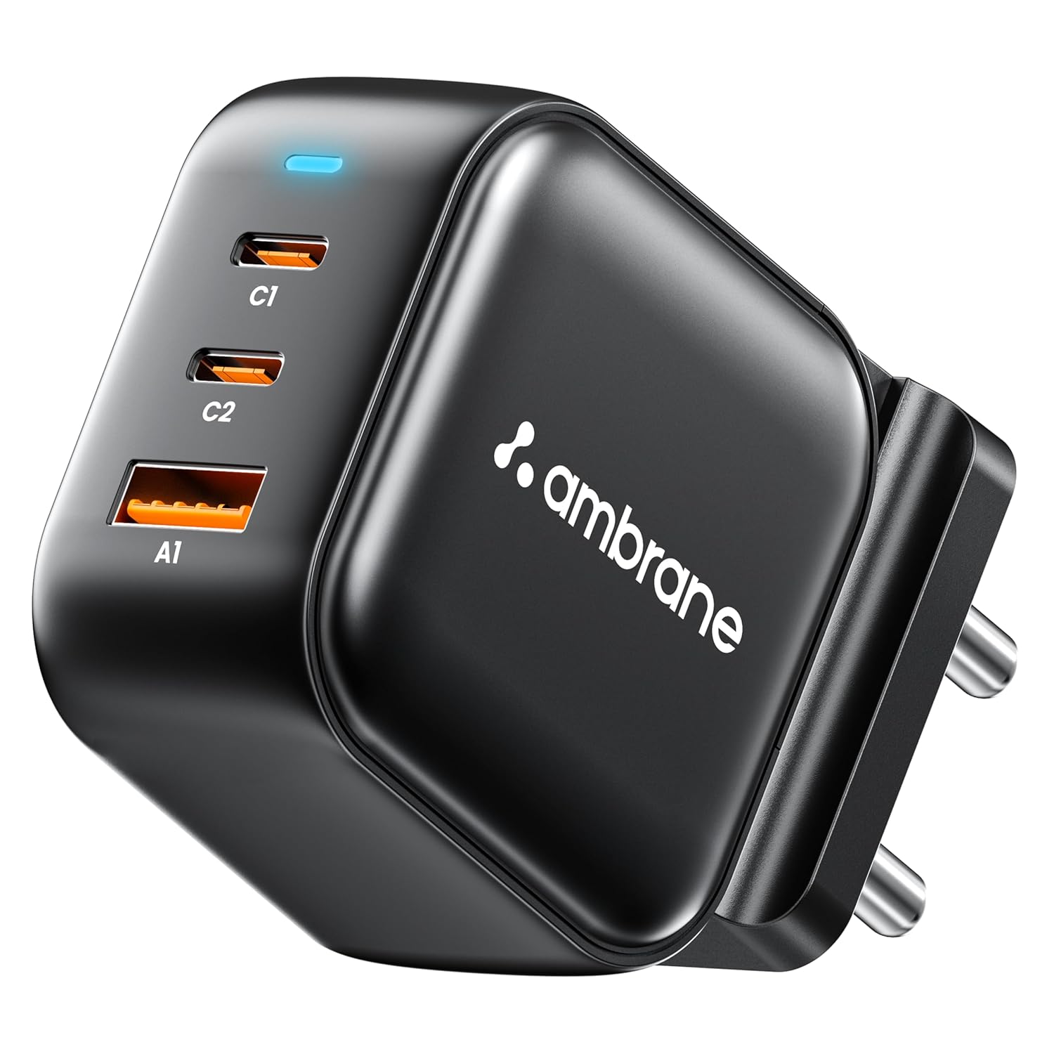 Ambrane 65W Charger Adapter, 3 Ports - 2 Type C & 1 USB for Samsung, Type C Laptops: MacBook, Dell, HP, ASUS, Fast Charger with PD Technology & GaN Technology for All Devices (RAAP G65, Black)