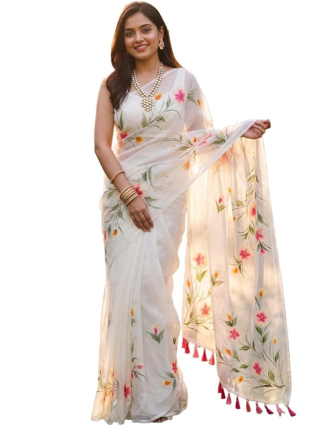 AKHILAM Women's Cotton Saree with White Daisy Floral Prints Tassel Pallu Lightweight Summer Saree