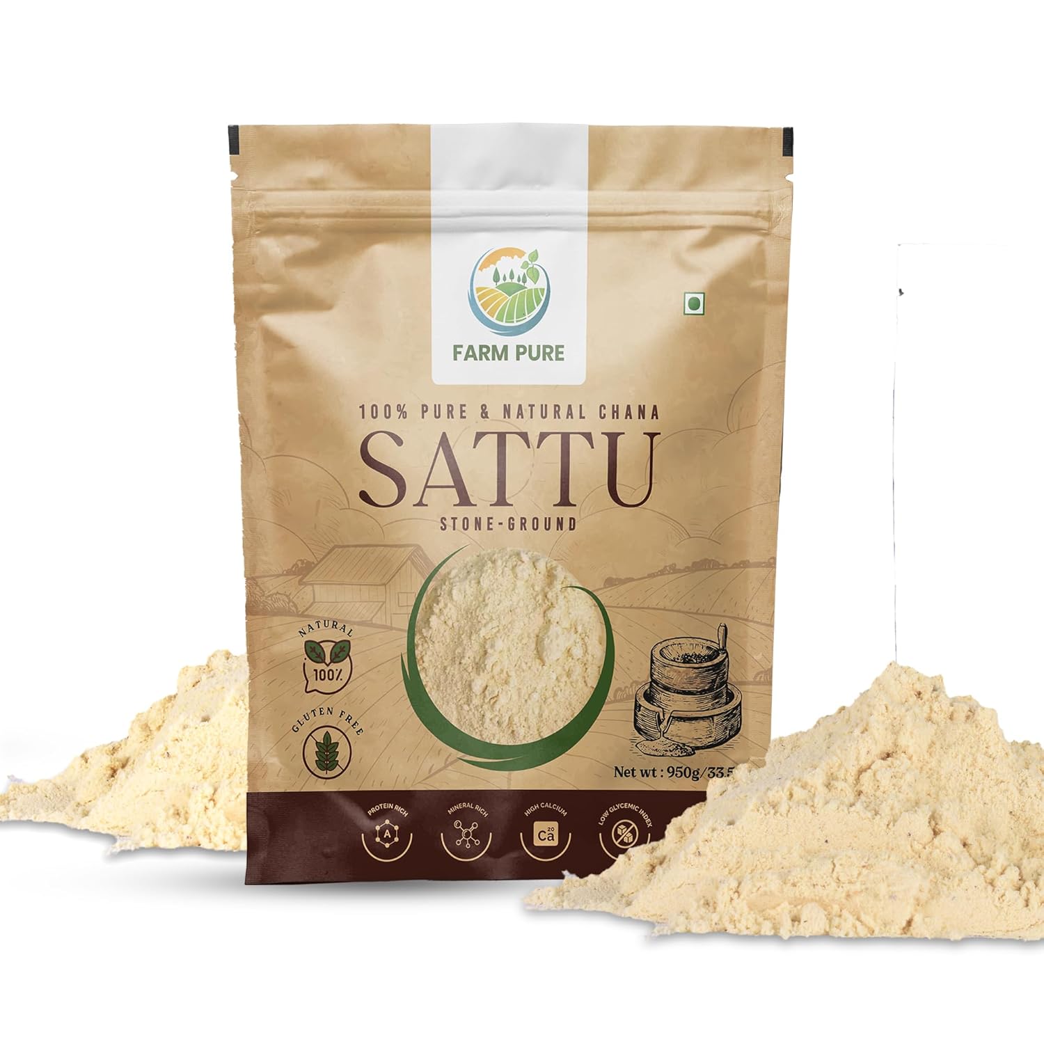 Farm Pure Roasted Chana Sattu Powder 950g x 1 Pack | Natural High Protein Sattu Powder Organic for Drinking | Gluten‑Free Energy & Digestion Superfood