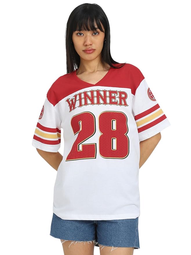 JUNEBERRY® Pure Cotton White & Red Oversized Baggy Fit V-Neck Jersey Front Printed Half Sleeve T-Shirt for Women
