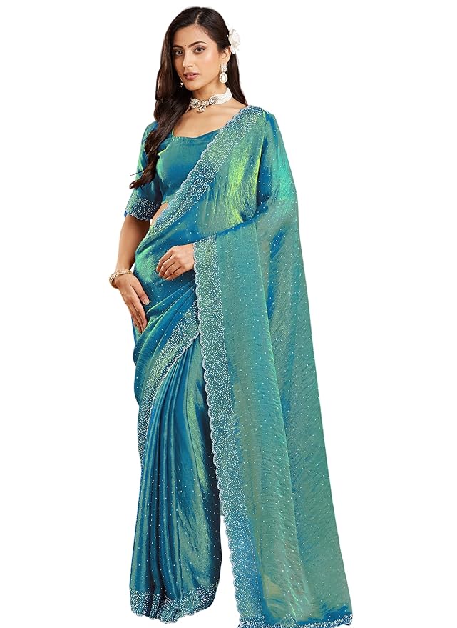 Spacec Silk Saree with Zarkhad Diamond Work and Fancy Chiffon Blouse | Elegant Saree for Women with Shimmer Finish, Designer Border and Graceful Draping for Festive Occasions