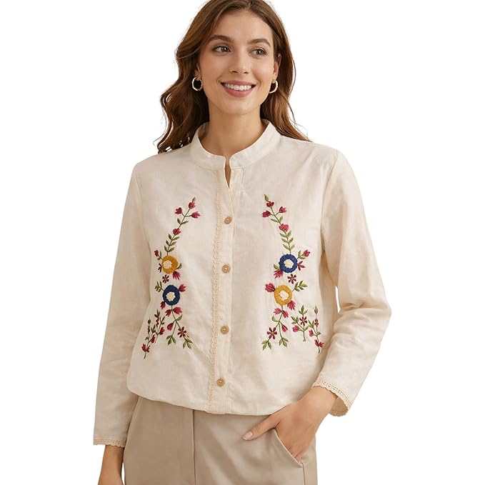 RIEKA Women's Off White Cotton Shirt with Multicolour Floral Embroidery Button Down Mandarin Collar Relaxed Fit Casual Wear Top