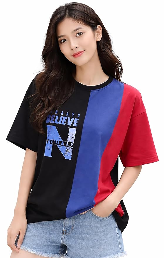 London Hills Women's Drop Shoulder T-Shirt | Graphic Print Colorblock Half Sleeve Cotton T-Shirt | Casual Round Neck Top Soft Breathable Fabric | Regular Fit Stylish Tshirt