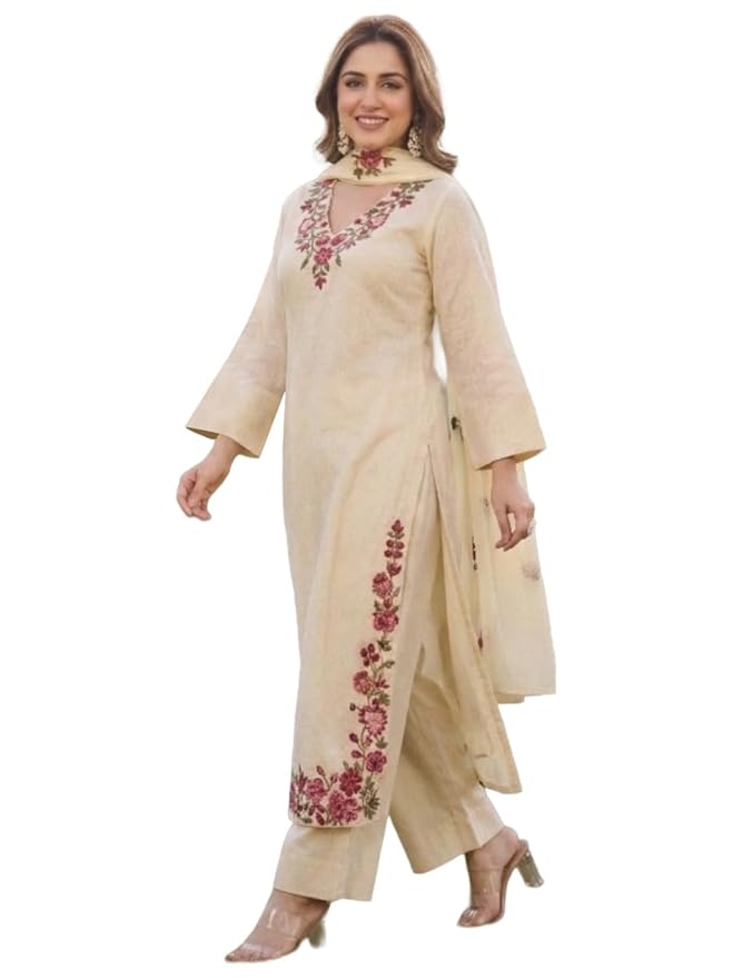 ANNI Designer Kurta Sets for Women Viscose Blend Embroidered | Kurta Palazzo Dupatta Set | Designer Kurti Set for Women | V Neck Full Sleeve Ethnic Suit | Indian Kurta Outfit with Palazzo Pants