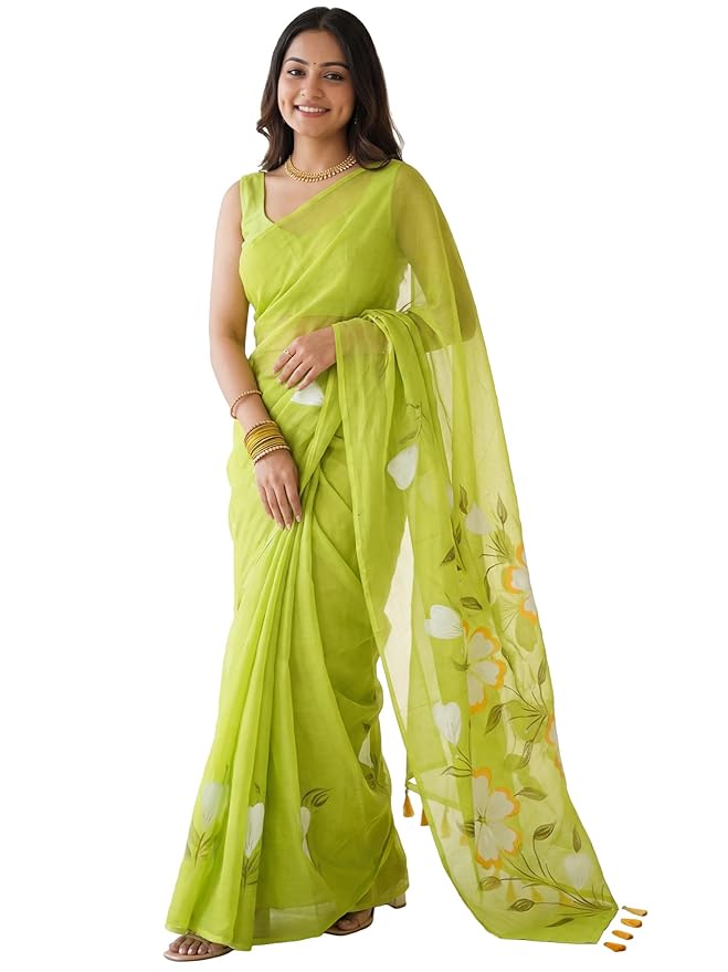 AKHILAM Women's Cotton Saree with White Daisy Floral Prints Tassel Pallu(Color: Light Green Saree || Light Green Blouse)
