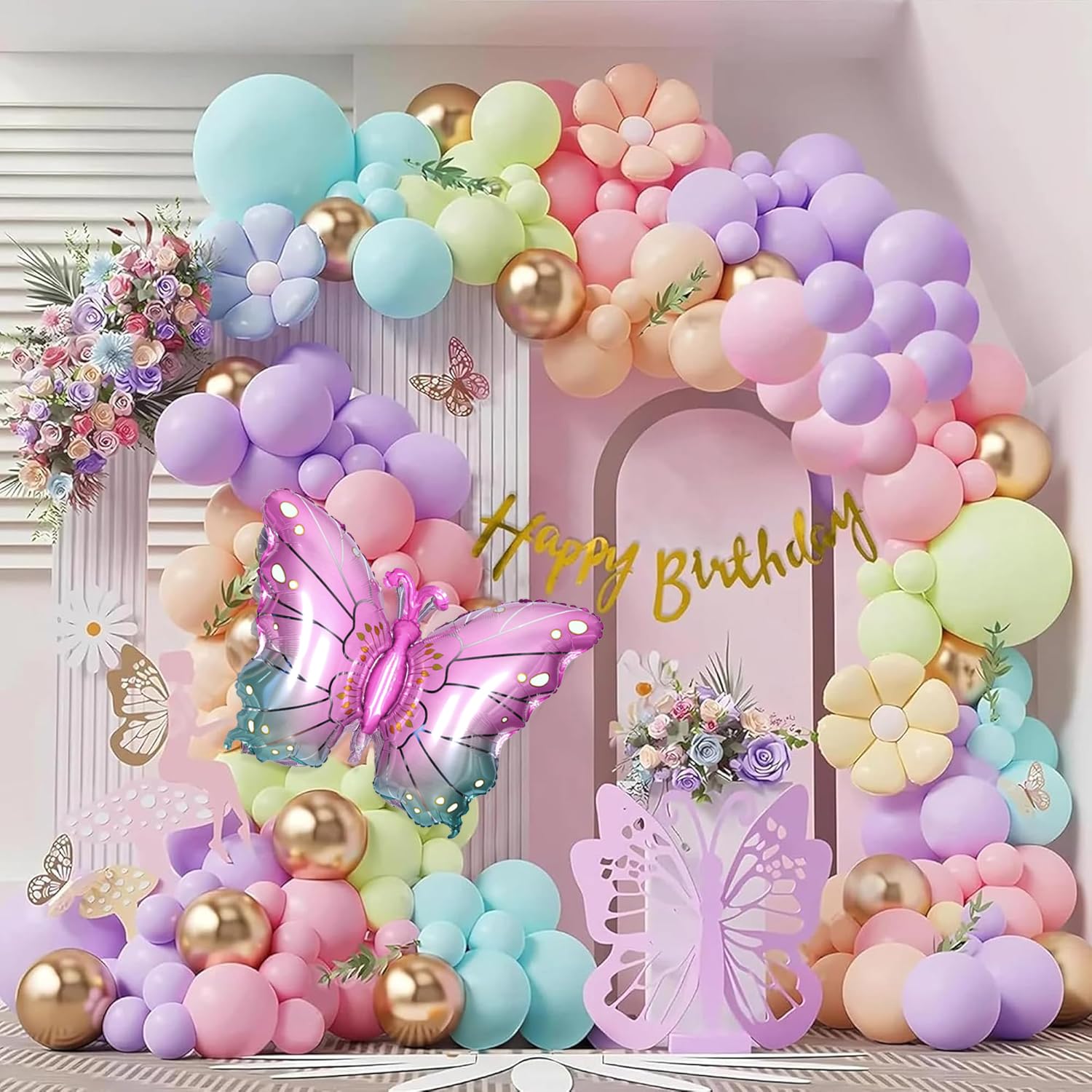 SpecialYou.in Butterfly Theme Birthday Party Decorations with Pastel Balloons for Decoration,Foil Balloons for Decor,Butterfly Stickers for Wall Decoration,Birthday Decoration Kit for Girls,Set of 1