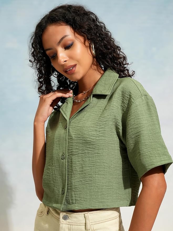 Tokyo Talkies Women's Boxy Shirts | Solid | Short Sleeves | Cuban Collar