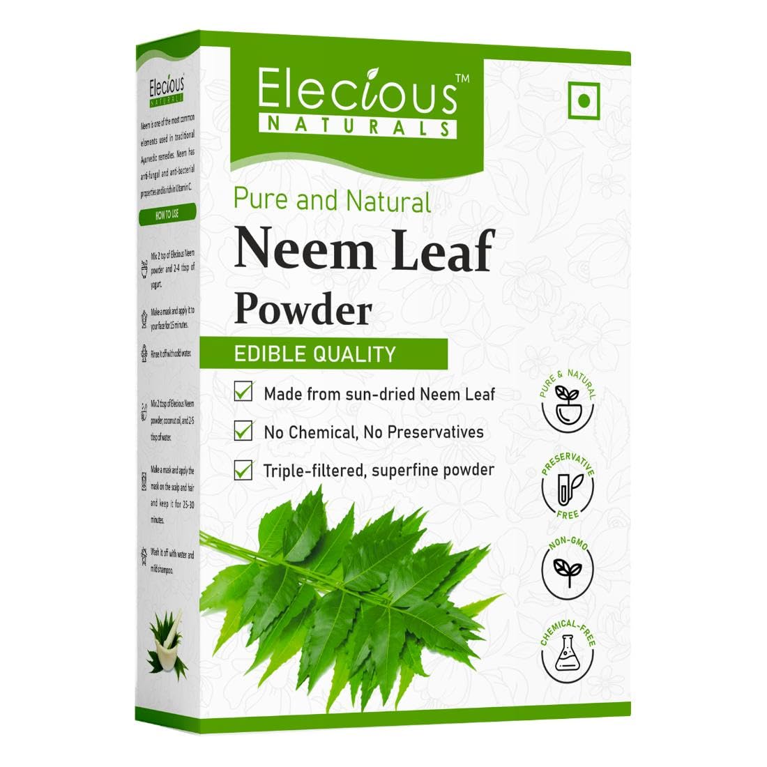 Elecious 100% Neem Powder for Face Pack (200 Grams), Skin & Hair and Eating | Anti-Pimple, Anti-Bacterial, Fight Dandruff | 100% Pure and Natural | No Chemical, No preservative, Paraben-Free