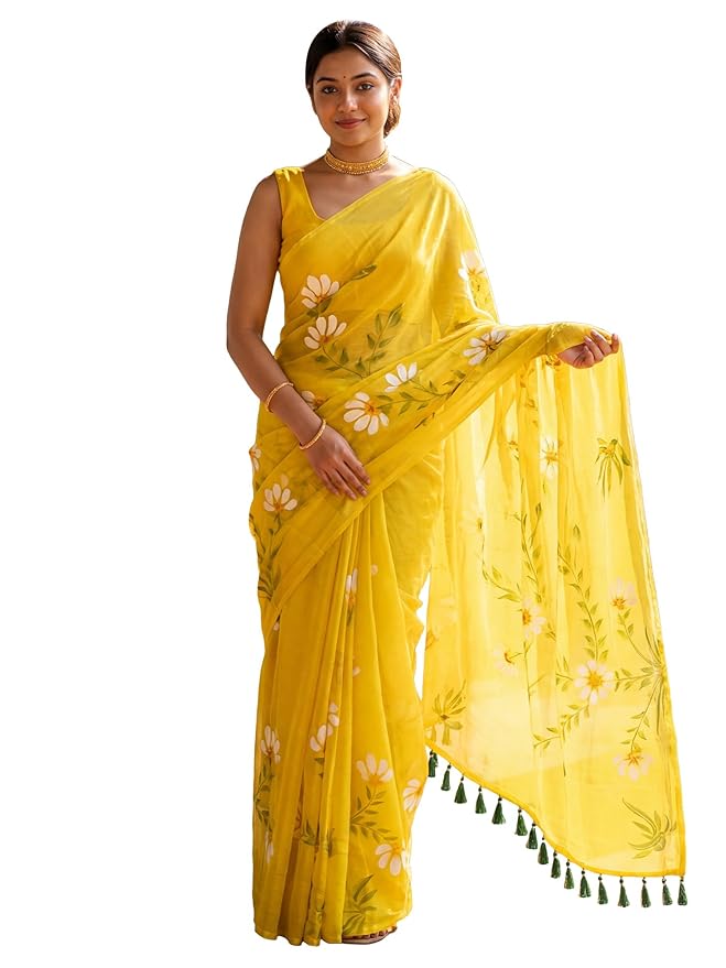 AKHILAM Women's Cotton Saree with White Daisy Floral Prints Tassel Pallu Lightweight Summer Saree  (Yellow Saree || Yellow Blouse)