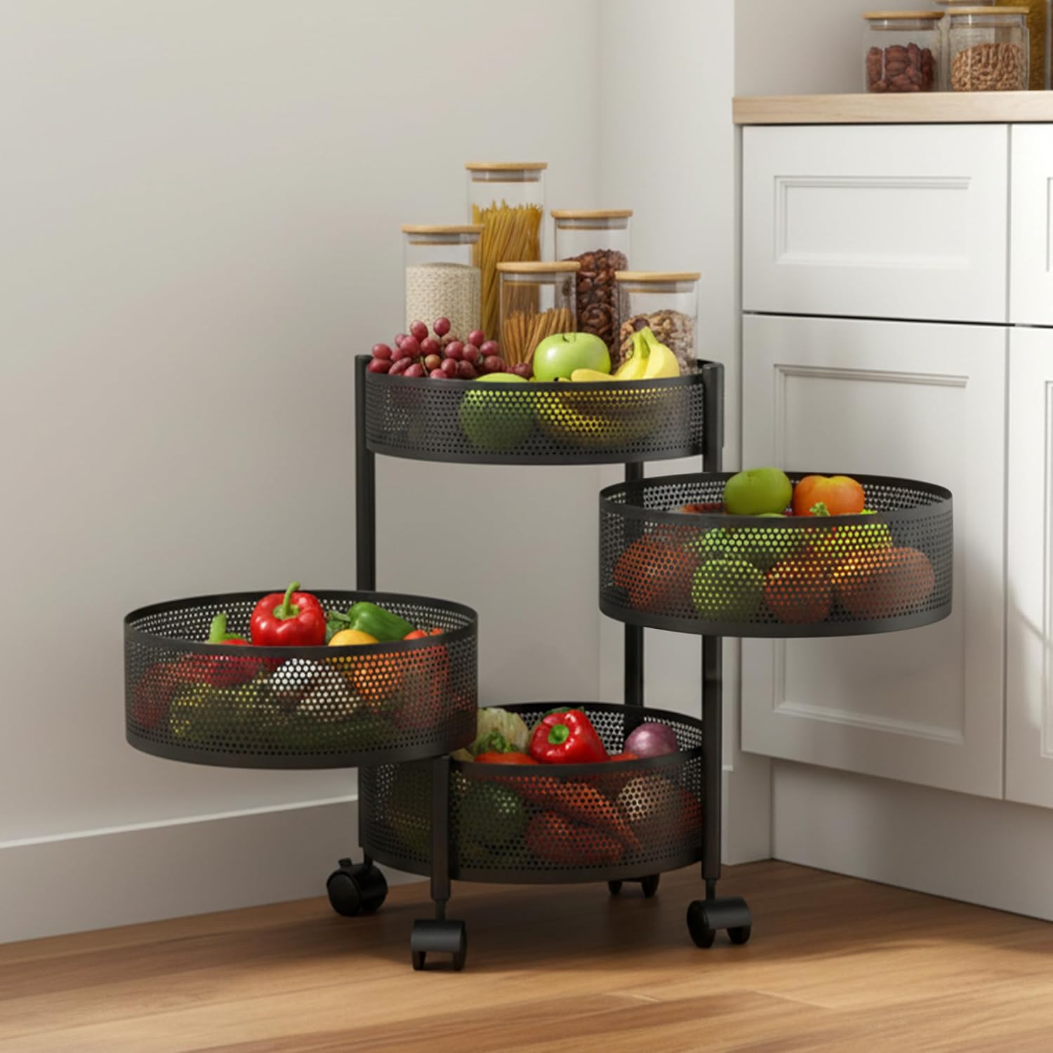 BonKaso 4-Layer Round Multipurpose Kitchen Trolley with Swivel Storage Basket & 360° Rotating Wheels, Black Steel Frame, Easy Mobility, Space-Saving and Durable
