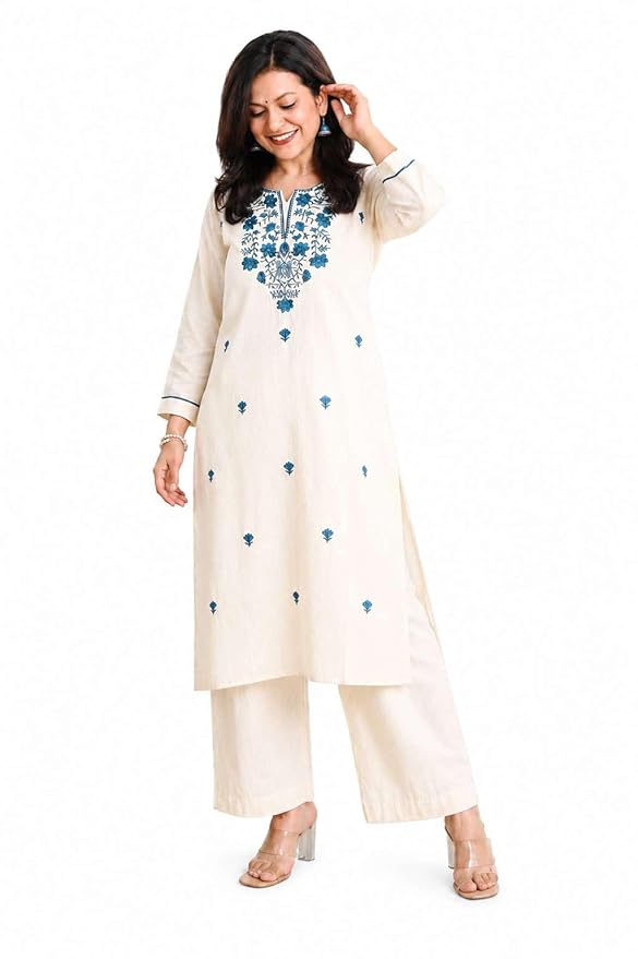 AureVia Women's Cotton Embroidered Straight kurti With fit Pant
