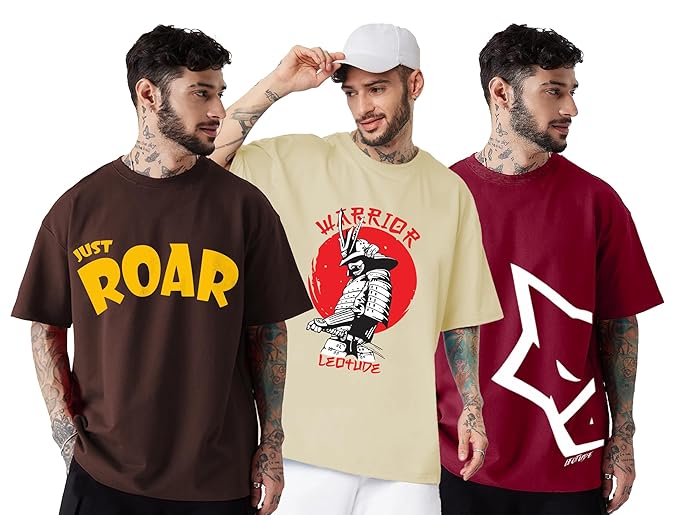 LEOTUDE Men's Cotton Regular Fit Half Sleeve Oversized Tshirt, Round Neck Longline Drop Shoulder | ful Printed Combo T-Shirt (Pack of 3)