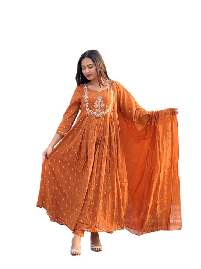 BOFCONS ENTERPRISES Women's Cotton Embroidery Anarkali Kurti and Pant with Dupatta Set