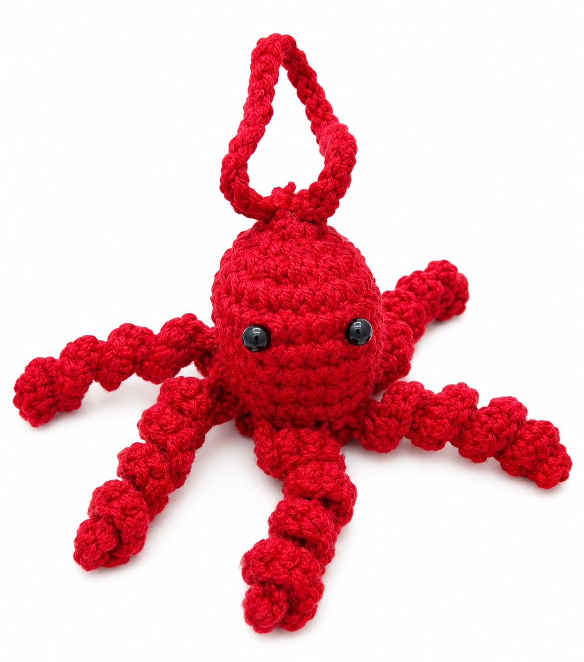 Handmade Crochet Octopus Ornament, Red, Amigurumi Plush Toy with Hanging Loop