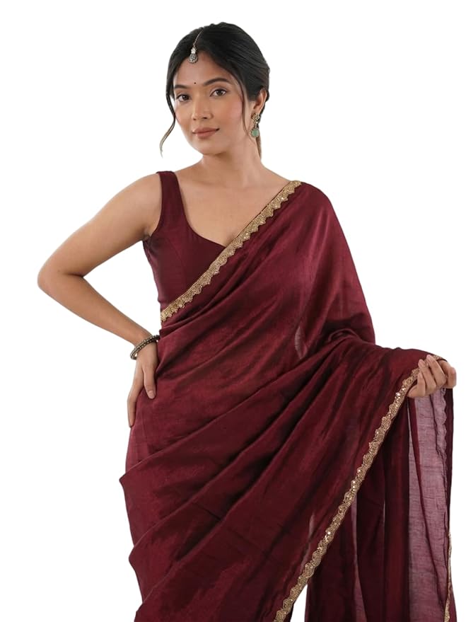 Unique Store Women Georgette fabric Border Lace plain saree with unstitched blouse for women