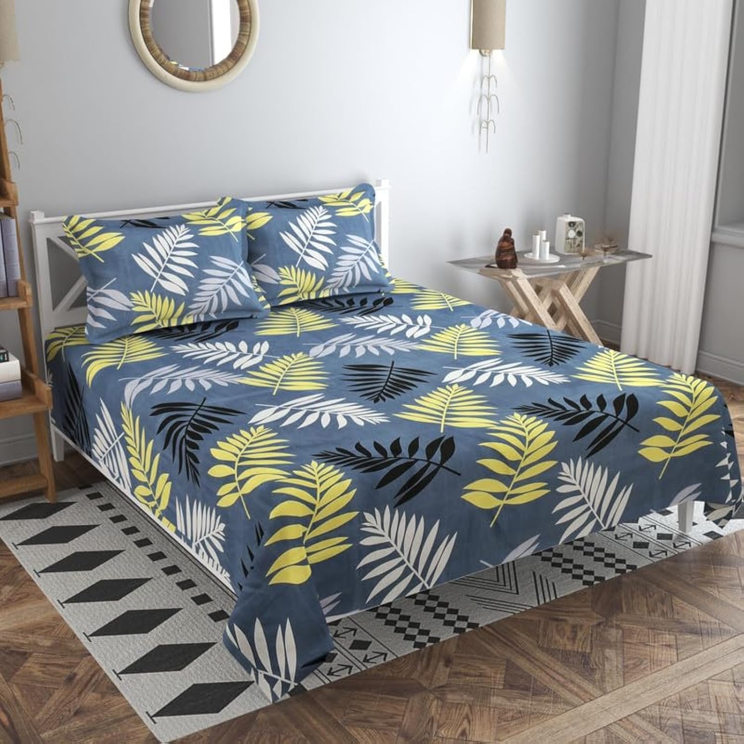 BSB HOME 120 TC Double Floral Bedsheet with 2 Pillow Covers | 110 GSM Soft Brushed Microfiber - Breathable & Wrinkle Free - (86 X 88 Inch, Grey & Black & White)