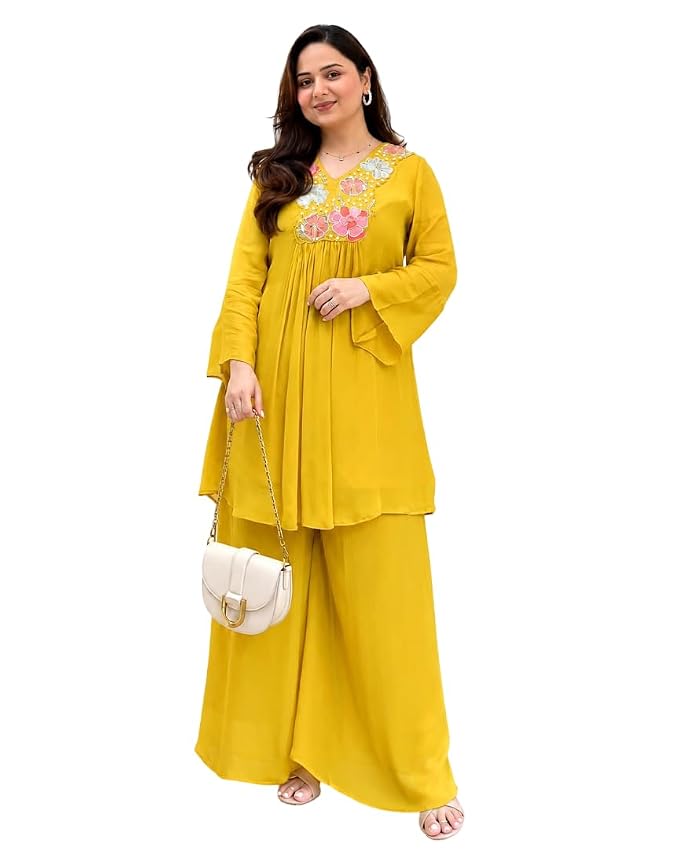 Women's Cotton Embroidered Kurti Palazzo Set | Floral Embroidery V Neck Ethnic Wear Co Ord Set for Women | Casual Festive Traditional Outfit