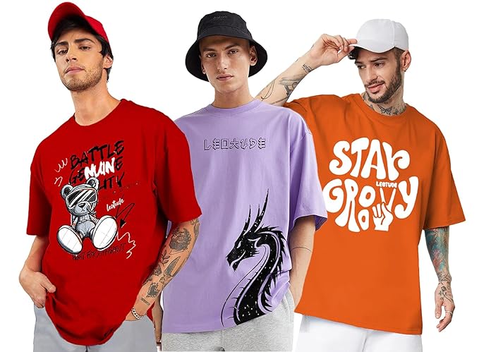 LEOTUDE Men's Cotton Oversized Fit Half Sleeve Oversized Printed T-Shirt, Round Neck Longline Drop Shoulder | ful Printed Combo T-Shirt (Pack of 3)