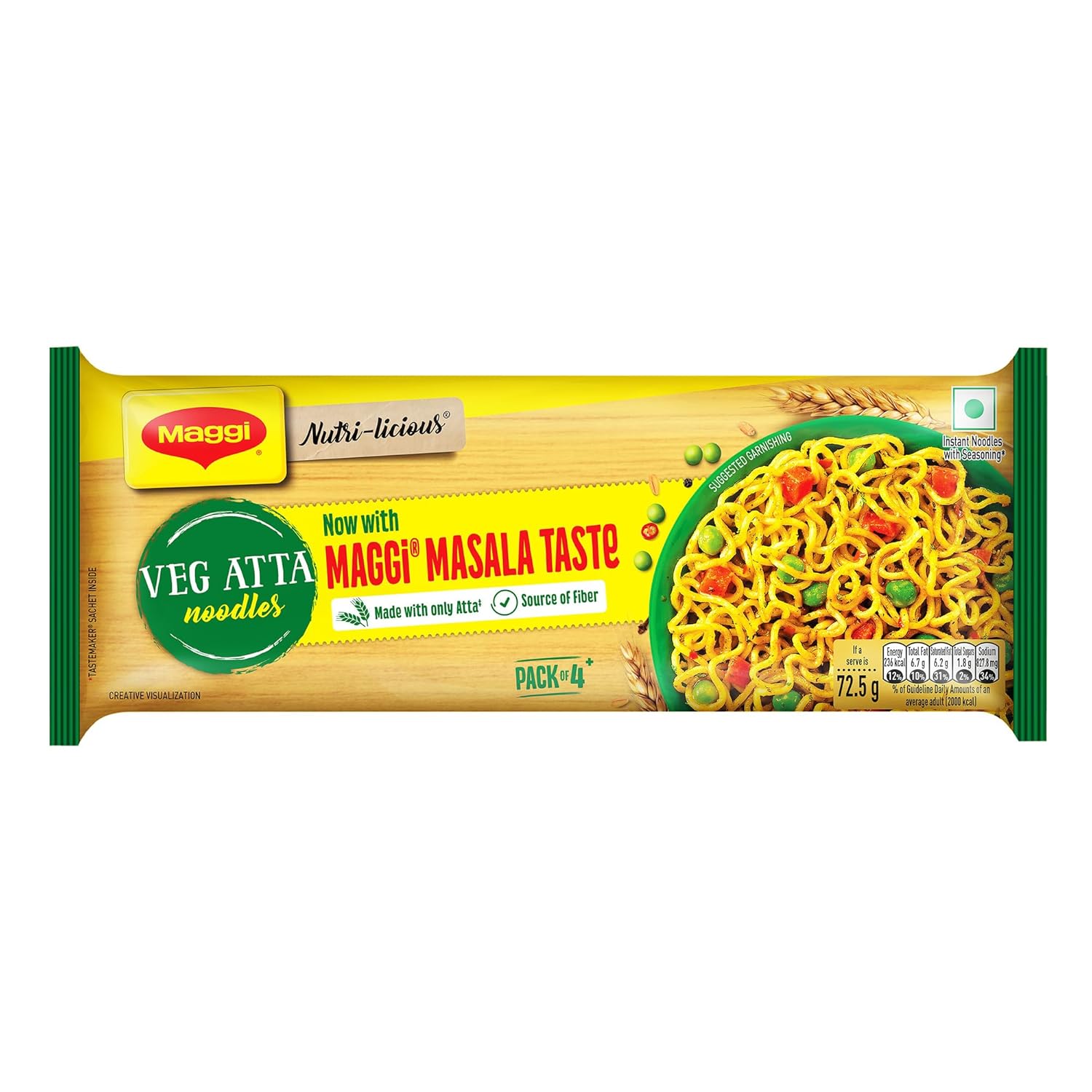 MAGGI Veg Atta Noodles, now with MAGGI Masala Taste, Made with ONLY ATTA flour, Source of Fibre, 290g