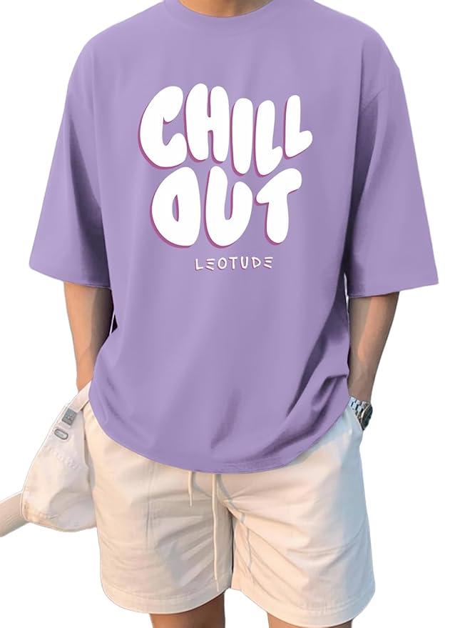 LEOTUDE Men's Oversized Drop Shoulder Cool and Stylish Half Sleeve Round Neck Baggy Fit Latest Graphic Printed Design Combo T-Shirt for Man's (Color_Purple)