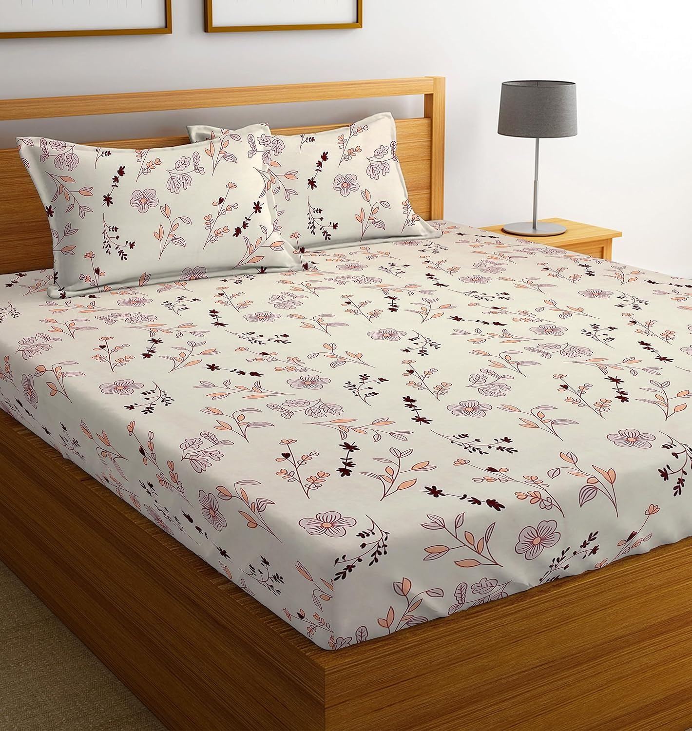 VAS COLLECTIONS Premium 3D Printed 160 TC Microfiber Double Bedsheet with 2 King Size Pillow Covers (90X90 Inches) Off White & Purple