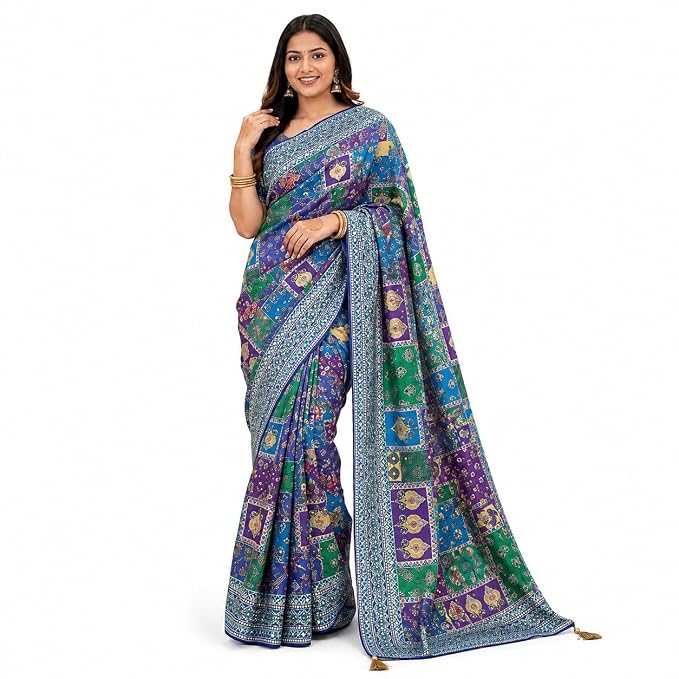 Sarees for Women Roman Silk Ajrakh Print Saree for Woman with Mirror Work Border & Designer Pallu with Blouse Piece Multicolor Ethnic Wear