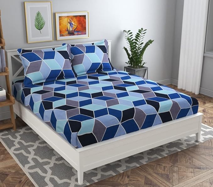 BSB HOME Premium Double Bedsheet with 2 Pillow Covers - 160 TC Supersoft Glace Cotton - Breathable & Wrinkle Free - 3 Pcs Set | Light Blue & Grey